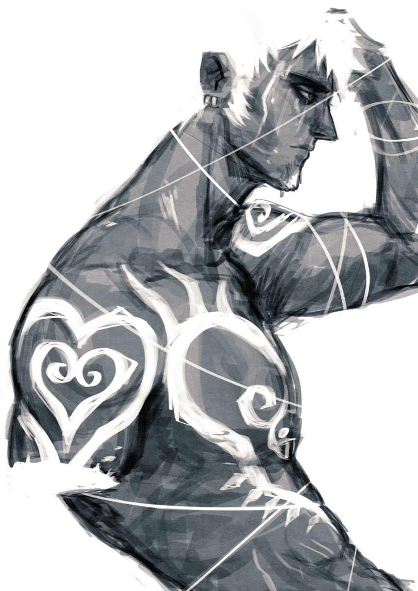1boy arm_tattoo attyattlaw blending chest_tattoo cropped_arm facial_hair from_side goatee greyscale highres long_sideburns male_focus monochrome nude one_piece profile short_hair sideburns solo tattoo toned toned_male trafalgar_law upper_body