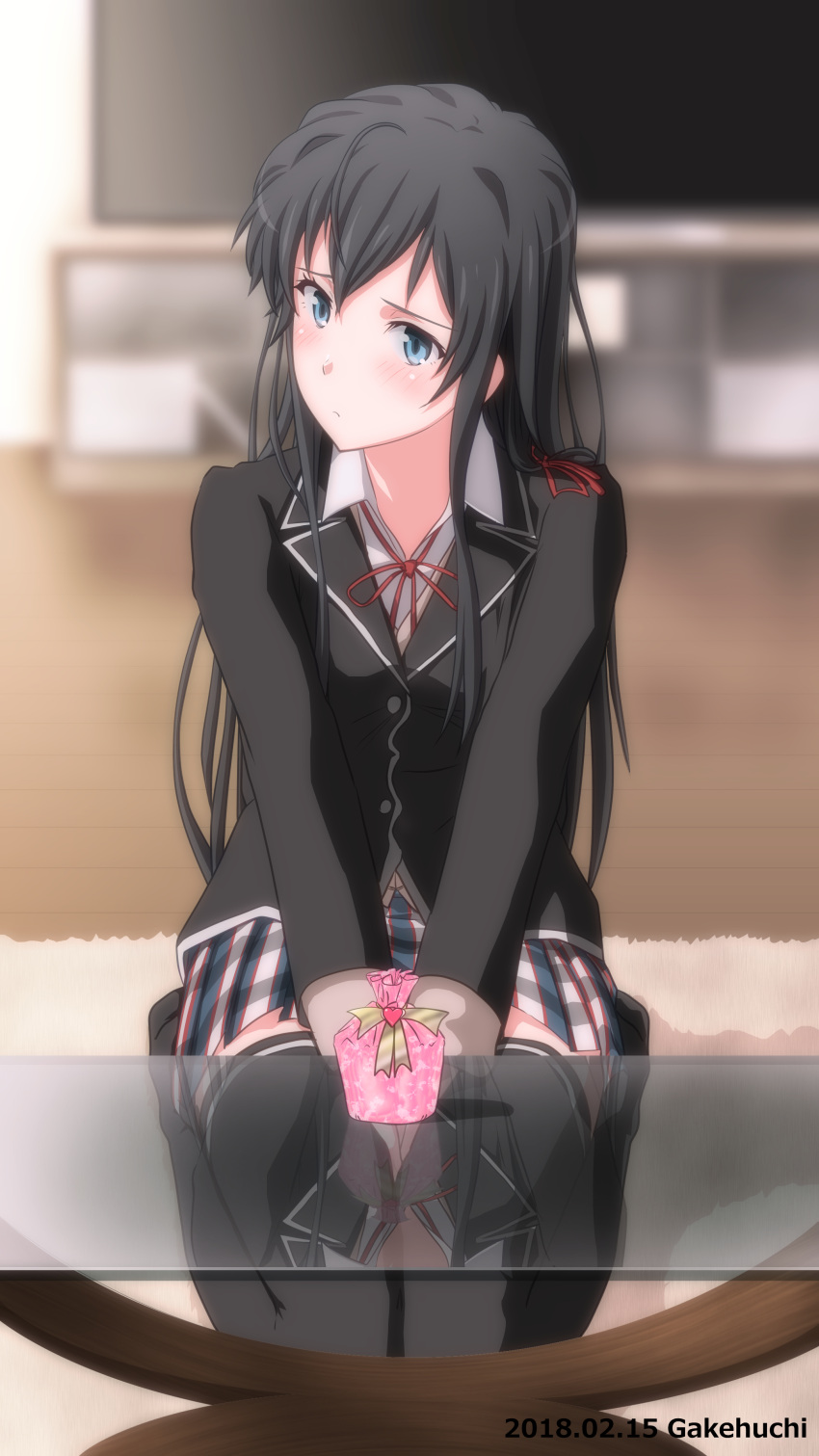 1girl absurdres artist_name between_legs black_hair black_jacket black_thighhighs blazer blue_eyes blush box closed_mouth dated gakehuchi1 gift gift_box hair_ribbon hand_between_legs highres indoors jacket loafers long_hair long_sleeves looking_at_viewer neck_ribbon own_hands_together plaid plaid_skirt red_ribbon ribbon school_uniform seiza shoes sitting skirt sobu_high_school_uniform solo table thighhighs valentine yahari_ore_no_seishun_lovecome_wa_machigatteiru. yukinoshita_yukino zettai_ryouiki