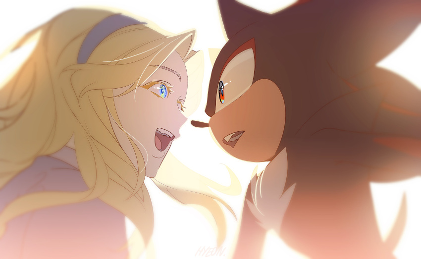 1boy 1girl absurdres animal_ears animal_nose artist_name black_fur blonde_hair blue_dress blue_eyes blue_hairband body_fur dress english_commentary fang furry furry_male hairband hedgehog hedgehog_ears hedgehog_tail highres hyeon_sonic long_hair looking_at_another maria_robotnik open_mouth red_eyes red_fur shadow_the_hedgehog short_sleeves simple_background smile sonic_(series) sonic_adventure_2 standing tail teeth tongue two-tone_fur upper_body white_background