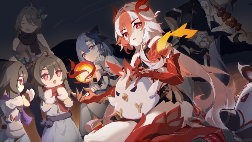 6+girls :o animal animal_on_leg asc11 bird black_scarf black_sports_bra blue_hair blue_headwear breasts chinese_clothes chinese_commentary claws closed_eyes closed_mouth dual_persona earrings eating fire food fu_hua fu_hua_(herrscher_of_sentience) gloves griseo griseo_(cosmic_expression) hair_between_eyes hand_on_own_chin head_out_of_frame highres holding honkai_(series) honkai_impact_3rd jewelry jingwei_(bird) light_blue_hair long_hair multiple_girls open_mouth orb purple_eyes purple_scarf red_eyes red_hair red_rope red_scarf red_thighhighs rope scarf sitting small_breasts sports_bra standing stick thighhighs vita_(honkai_impact) vita_(young)_(honkai_impact) white_gloves white_hair white_thighhighs yellow_pupils