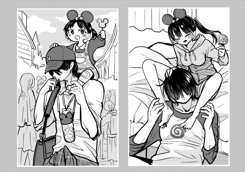 1boy 1girl age_progression bag bandaid bandaid_on_knee bandaid_on_leg barefoot baseball_cap boku_no_kokoro_no_yabai_yatsu breasts candy carrying carrying_over_shoulder carrying_person closed_eyes comparison disneyland father_and_daughter food greyscale hair_ornament hair_over_eyes hat holding holding_candy holding_food holding_lollipop hood hoodie indoors jacket lollipop long_hair medium_breasts medium_hair minnie_mouse_ears monochrome official_art open_mouth outdoors overall_skirt sakurai_norio shoulder_carry side_ponytail yamada_anna yamada_yuuki_(bokuyaba)