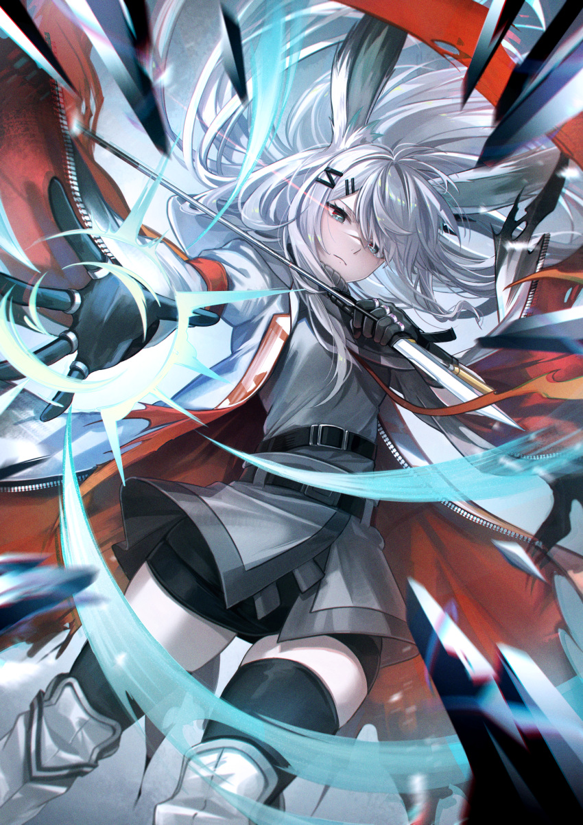 1girl animal_ears arknights black_gloves black_skirt blue_eyes breasts coat dress expressionless floating_hair frostnova_(arknights) frown gloves hair_ornament hair_over_one_eye hairclip hands_up highres ice jewelry knife kyusoukyu long_hair looking_at_viewer medium_breasts miniskirt multiple_rings open_clothes open_coat originium_arts_(arknights) rabbit_ears rabbit_girl reaching ring serious skirt small_breasts solo standing thighhighs thighs torn_clothes torn_coat very_long_hair white_coat white_hair