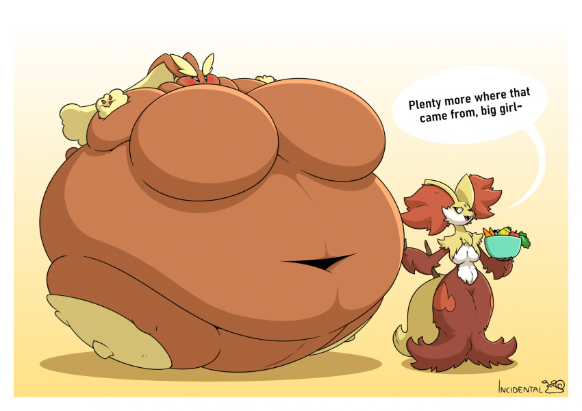 2024 anthro apple artist_logo belly berry big_belly big_breasts black_eyes bloated blush border bowl breasts brown_body brown_ears bubbles_(incidental) canid canine carrot cel_shading cheek_bulge colored container deep_navel delphox digital_media_(artwork) duo english_text eyebrows fat_fetish female food fox fruit generation_4_pokemon generation_6_pokemon hand_on_another's_belly hand_on_stomach hi_res holding_bowl holding_container holding_object huge_breasts huge_cheeks hyper hyper_belly hyper_breasts immobile incidental_(artist) lagomorph leporid logo looking_at_another lopunny lucia_(incidental) mammal morbidly_obese morbidly_obese_anthro morbidly_obese_female navel nintendo obese obese_anthro obese_female open_mouth orange_eyes orange_nose overweight overweight_anthro overweight_female pink_nose pink_sclera plant pokemon pokemon_(species) rabbit round_body shaded sharp_teeth signature simple_background speech_bubble stick stick_in_tail tail tan_background tan_ears tan_eyebrows teeth text vegetable weight_gain white_border yellow_body yellow_ears yellow_tail