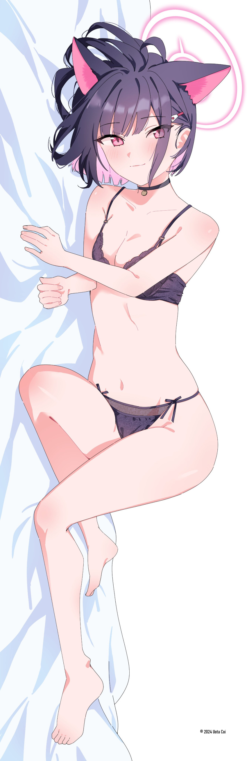 1girl 51likes absurdres animal_ears ass barefoot bed_sheet black_bra black_choker black_hair black_panties blue_archive blush bra breasts cat_ears choker cleavage closed_mouth collarbone colored_inner_hair dakimakura_(medium) extra_ears full_body halo highres kazusa_(blue_archive) looking_at_viewer medium_breasts multicolored_hair navel panties pink_hair pink_halo red_eyes short_hair simple_background smile solo underwear underwear_only white_background