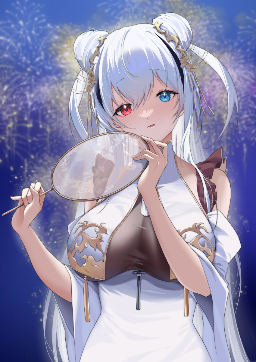 1girl absurdres azur_lane blue_eyes breast_curtains breasts cleavage detached_sleeves double_bun dress elbing_(azur_lane) elbing_(beauty_beneath_the_spring_limelight)_(azur_lane) hair_bun hair_ornament hand_fan heterochromia highres holding holding_fan large_breasts long_hair looking_at_viewer official_alternate_costume oxygen_mask_(oxygenmask233) red_eyes see-through see-through_cleavage solo very_long_hair white_dress white_hair