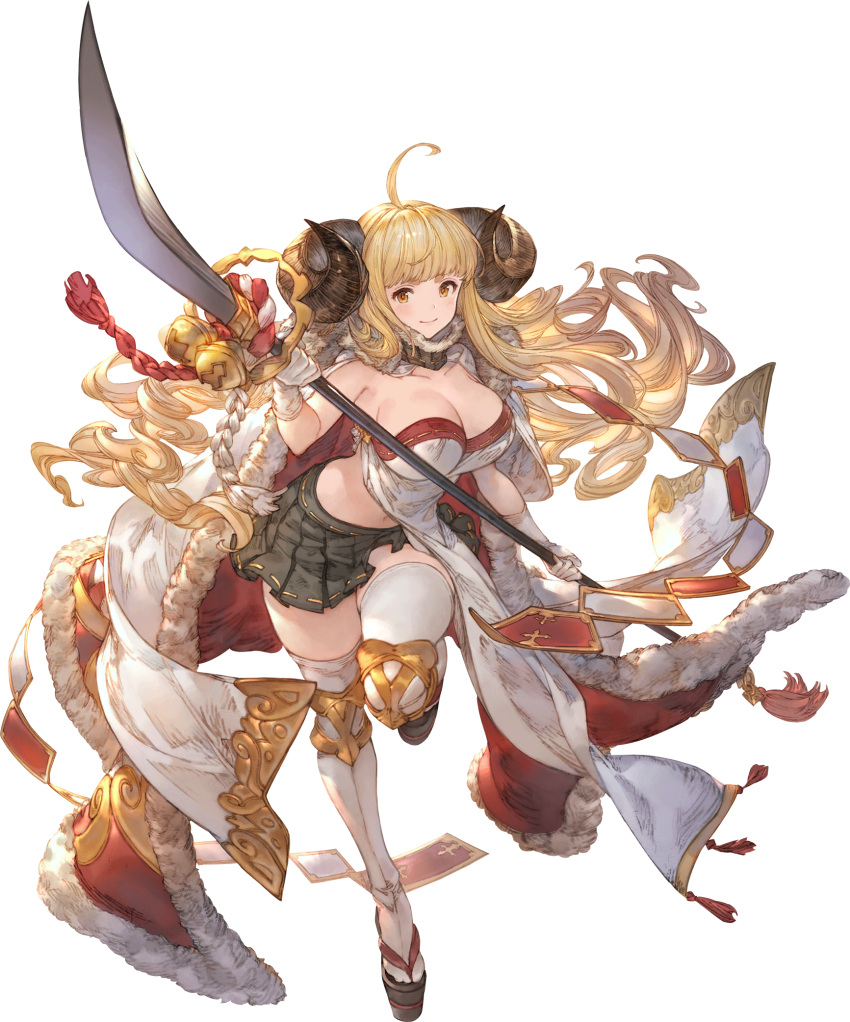 1girl ahoge anila_(granblue_fantasy) bell blonde_hair blunt_bangs breasts cape cleavage closed_mouth draph full_body fur_trim gloves granblue_fantasy granblue_fantasy_versus:_rising highres holding holding_weapon horns huge_breasts long_hair looking_at_viewer minaba_hideo official_art pleated_skirt sheep_horns skirt smile solo standing tassel thighhighs transparent_background weapon white_gloves yellow_eyes zettai_ryouiki