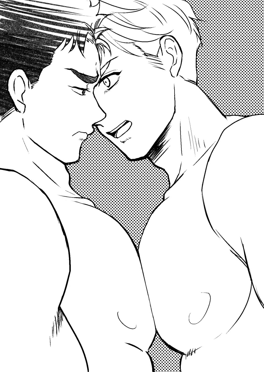 2boys ao_isami arguing bonzu_kmt couple eye_contact facial_hair from_side frown greyscale highres large_pectorals lewis_smith looking_at_another male_focus monochrome multiple_boys nipples nude pectoral_docking pectoral_press pectorals sideburns_stubble stubble thick_eyebrows upper_body yaoi yuuki_bakuhatsu_bang_bravern