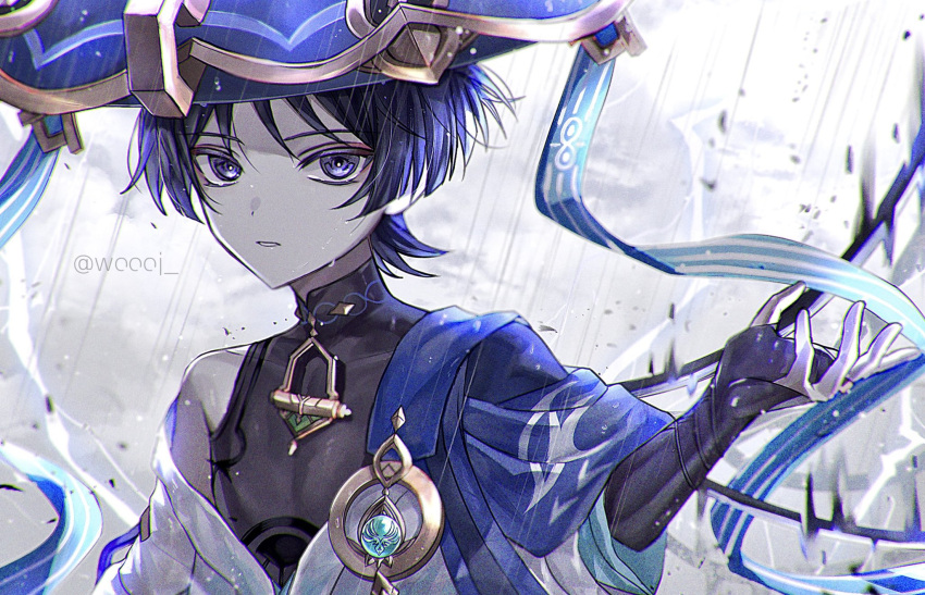 1boy artist_name bangs bare_shoulders black_hair black_shirt blue_headwear blue_ribbon blunt_ends bridal_gauntlets cloud cloudy_sky collarbone commentary_request covered_collarbone eyeshadow genshin_impact gold_trim hand_up hat highres jacket japanese_clothes jingasa lightning looking_at_viewer makeup male_focus official_art outdoors parted_bangs parted_lips purple_eyes rain red_eyeshadow ribbon scaramouche_(genshin_impact) shirt short_hair short_sleeves sidelocks sky sleeveless sleeveless_shirt solo storm twitter_username upper_body vision_(genshin_impact) wanderer_(genshin_impact) wet white_jacket wide_sleeves woooi