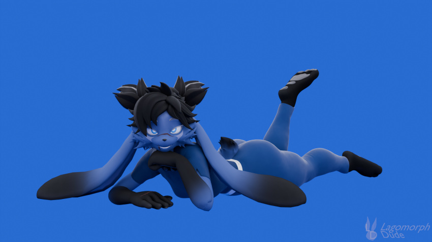 anthro black_body black_fur black_hair blender_(software) blender_cycles blue_background blue_body blue_clothing blue_eyes blue_fur blue_leggings blue_legwear blue_shirt blue_topwear clothing domi_(domibun) female fur hair hi_res lagomorph lagomorph_dude leggings legwear leporid looking_at_viewer mammal pose rabbit shirt silly simple_background smile smirk solo tomboy topwear warfare_machine watermark