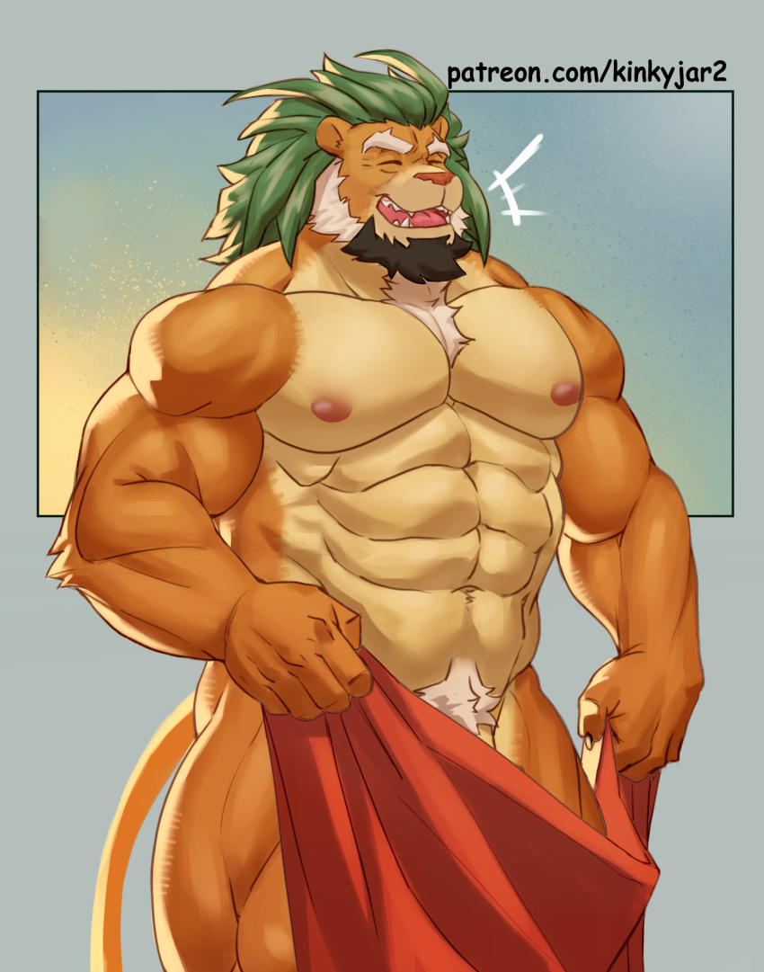 1boy abs animal_ears arsalan_(housamo) bara beard breath claws closed_eyes english_commentary facial_hair fangs furry furry_male highres laughing lhjal2 lion_boy lion_ears lion_mane lion_tail male_focus muscular muscular_male nipples nude open_mouth patreon_username pectorals pubic_hair solo tail thick_eyebrows tokyo_afterschool_summoners