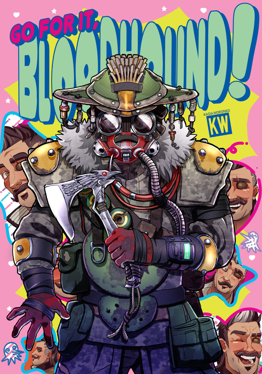 1boy 1other absurdres ambiguous_gender apex_legends artist_name axe bloodhound_(apex_legends) brown_eyes brown_hair cover cover_page english_commentary eyepatch facial_hair fake_cover fuse_(apex_legends) ganbare!_nakamura-kun!! gloves goggles grey_eyes grey_jacket helmet highres holding holding_axe jacket kasiawoe manga_cover mustache one_eye_covered parody raven's_bite rebreather red_gloves scar scar_across_eye smile soul_patch star_(symbol)