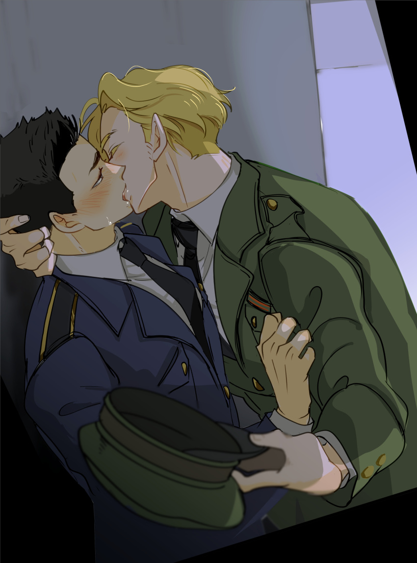 2boys against_wall ao_isami black_hair blonde_hair bluebluemeth blush couple facial_hair french_kiss hand_on_another's_head hat highres holding holding_clothes holding_hat kepi kiss lewis_smith male_focus medium_sideburns military_hat military_uniform multiple_boys profile sideburns_stubble stubble thick_eyebrows torogao uniform yaoi yuuki_bakuhatsu_bang_bravern