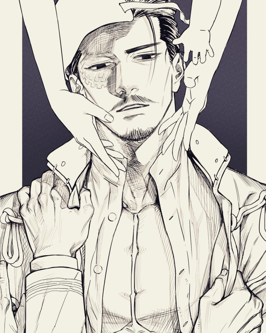 1boy beard facial_hair family forehead_protector golden_kamuy highres monochrome mustache scar scar_on_face solo_focus tobo_katsuo tsurumi_tokushirou upper_body