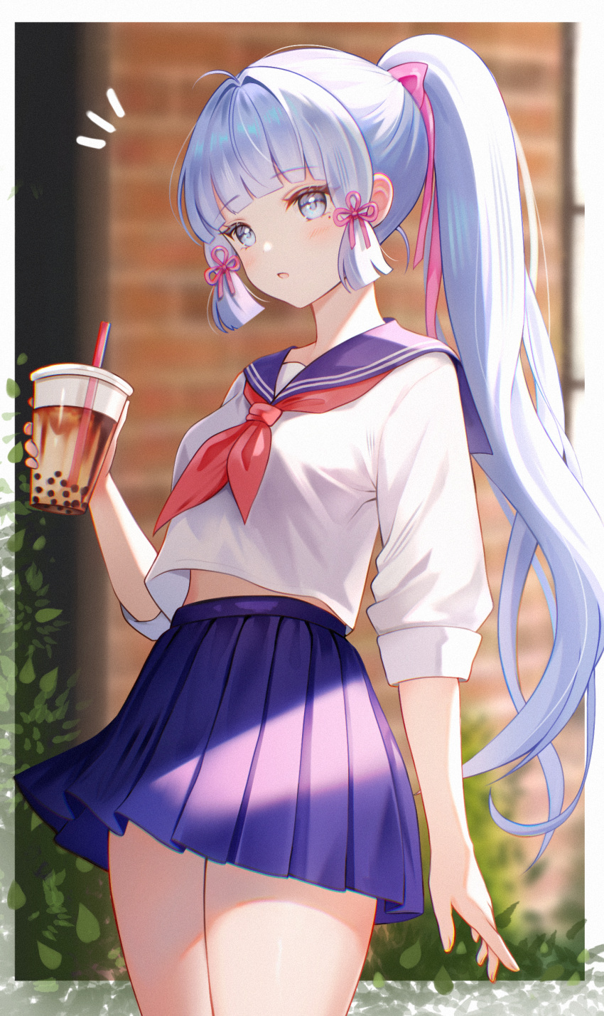 1girl absurdres alternate_costume blue_hair blue_sailor_collar blue_skirt blunt_bangs blurry blurry_background border bubble_tea cowboy_shot cropped_shirt cup disposable_cup genshin_impact hair_ornament highres holding holding_cup kamisato_ayaka light_blue_hair long_hair looking_at_viewer midriff_peek mole mole_under_eye nasii neckerchief open_mouth outside_border red_neckerchief sailor_collar shirt skirt sleeves_past_elbows solo thighs white_border white_shirt