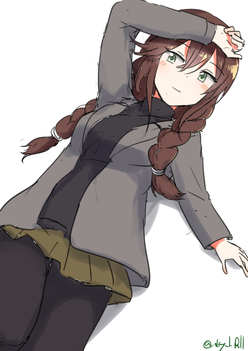 1girl absurdres black_pantyhose black_sweater braid brown_hair cowboy_shot green_eyes grey_jacket grey_skirt highres jacket kantai_collection long_hair noshiro_(kancolle) official_alternate_costume one-hour_drawing_challenge pantyhose robinson_(day_l_full) skirt solo sweater twin_braids twitter_username