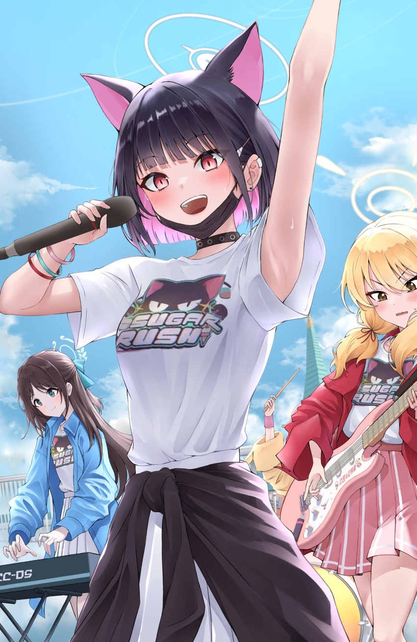 4girls absurdres after-school_sweets_club_(blue_archive) airi_(band)_(blue_archive) airi_(blue_archive) animal_ears arm_up armpits black_choker black_hair black_mask blonde_hair blue_archive blue_sky blunt_bangs blunt_ends blush bracelet breasts brown_hair cardigan cardigan_around_waist cat_ears choker clothes_around_waist colored_inner_hair drumsticks earclip earrings electric_guitar extra_ears guitar half_updo halo highres holding holding_drumsticks holding_microphone instrument jewelry kazusa_(band)_(blue_archive) kazusa_(blue_archive) lds_(dstwins97) looking_at_viewer mask mask_pull medium_breasts microphone mouth_mask multicolored_hair multiple_girls music natsu_(band)_(blue_archive) natsu_(blue_archive) official_alternate_costume outdoors piano pink_hair playing_instrument pleated_skirt print_shirt rooftop shirt shirt_tucked_in singing skirt sky smile standing stud_earrings sweat two-tone_hair up_sleeve yoshimi_(band)_(blue_archive) yoshimi_(blue_archive)