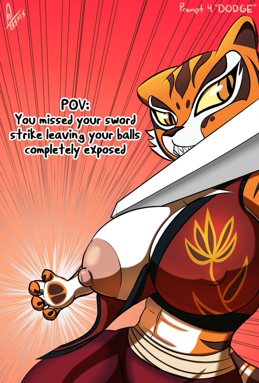 abs absurd_res anthro areola assisted_exposure big_breasts breasts brown_body brown_eyes brown_fur cheek_tuft clothing dreamworks facial_tuft felid female fur hi_res imminent_violence kung_fu_panda mammal master_tigress melee_weapon navel nipple_outline nipples one_breast_out orange_body orange_fur pantherine pink_areola pink_background pink_nipples pupils red_clothing red_topwear sharp_teeth simple_background slit_pupils solo speed_lines supermoonshroom sword teeth text tiger topwear torn_clothing tuft weapon white_body white_fur yellow_sclera