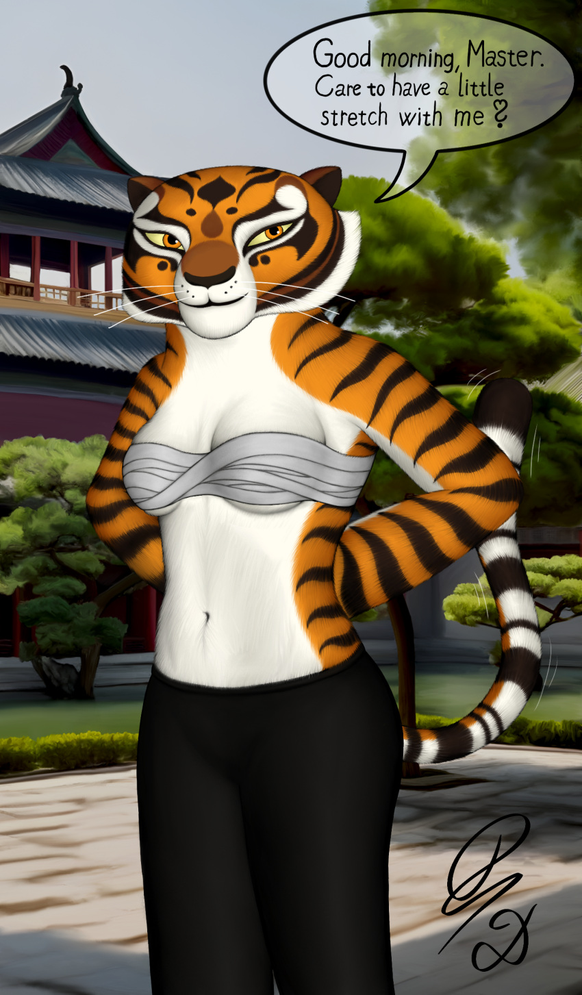 absurd_res anthro athletic breasts clothed clothing dragonczech dreamworks english_text felid feline female hi_res kung_fu_panda mammal master_tigress pantherine partially_clothed text tiger