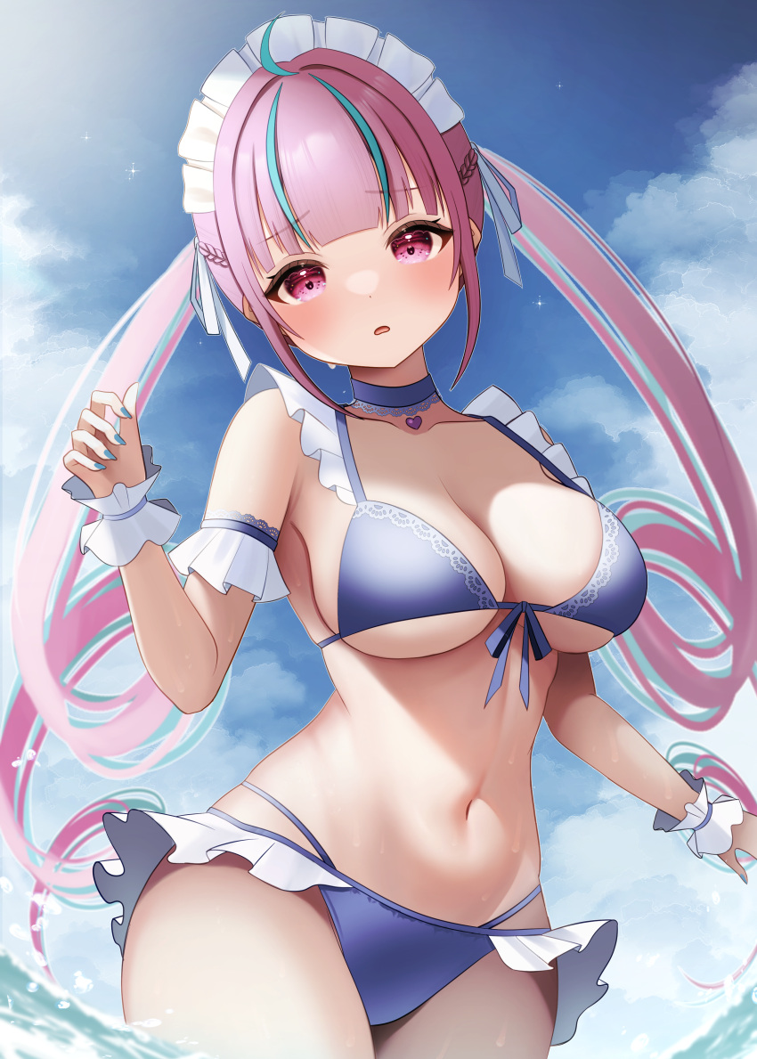 1girl absurdres ahoge bikini blue_bikini blue_choker blue_hair blush braid breasts choker cleavage colored_inner_hair create8 day frilled_bikini frills hair_ribbon highres hololive large_breasts long_hair looking_at_viewer maid_headdress minato_aqua multicolored_hair navel open_mouth outdoors pink_hair purple_eyes purple_hair ribbon smile solo streaked_hair swimsuit twintails two-tone_hair virtual_youtuber