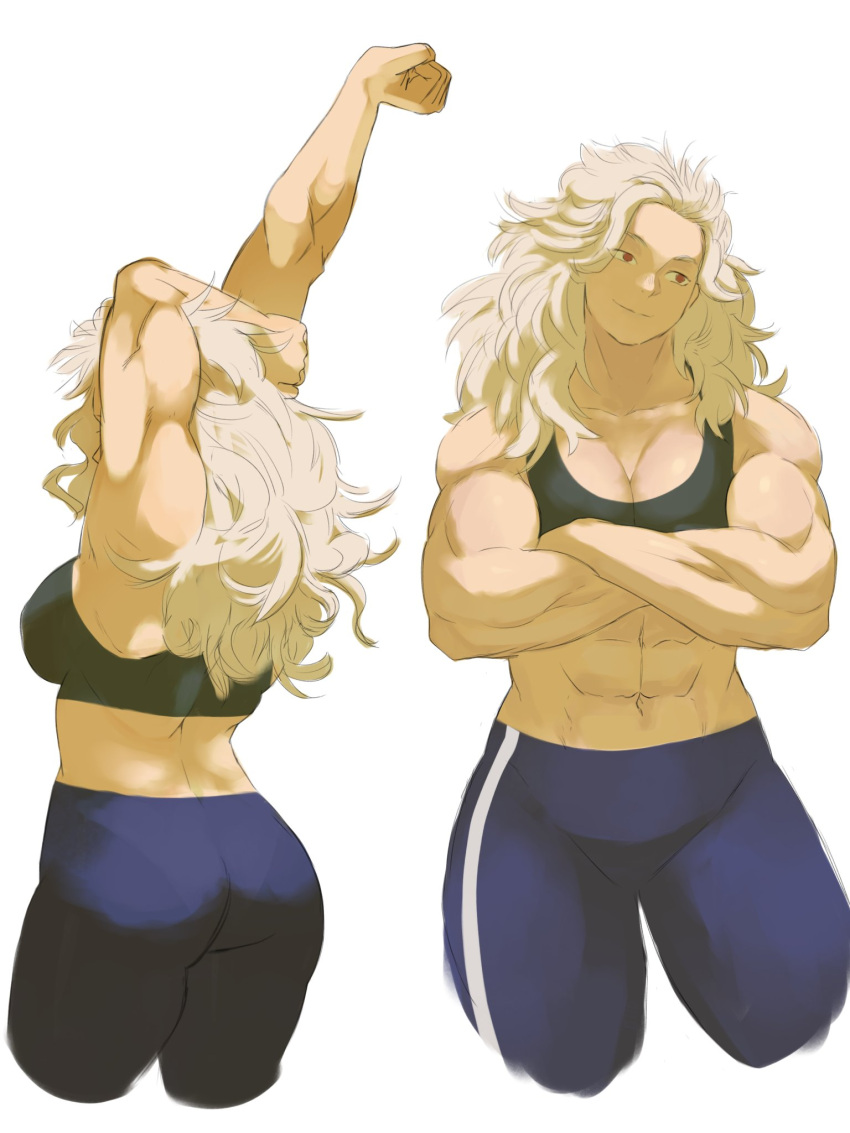 1girl abs artist_request blonde_hair breasts dorohedoro highres large_breasts long_hair muscular muscular_female navel noi_(dorohedoro) red_eyes simple_background smile solo sports_bra stomach