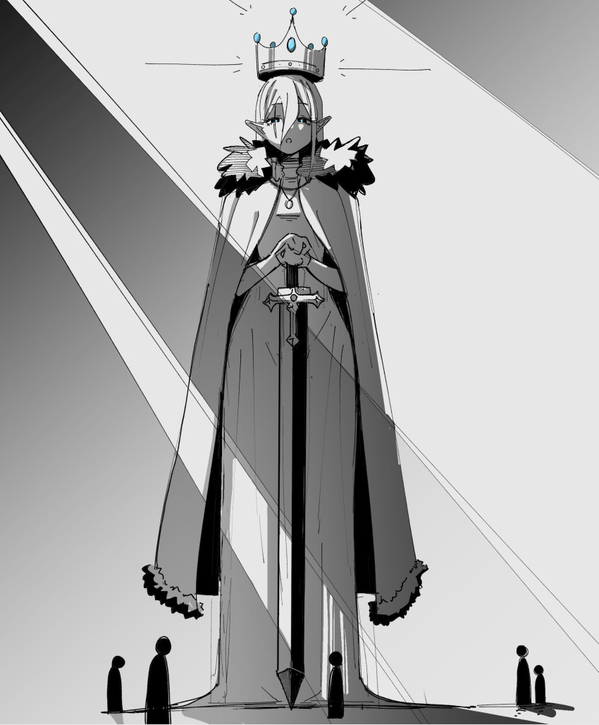 1girl 5others absurdres cape commentary crown dress fur-trimmed_cape fur_trim giant giantess greyscale hair_between_eyes highres light_rays long_dress machuuu68 monochrome multiple_others original pointy_ears queen spot_color sword weapon