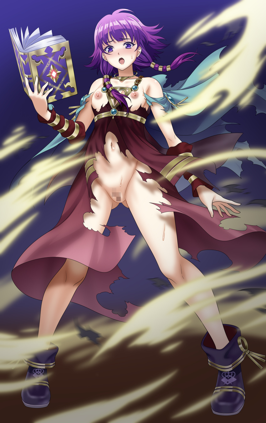 1girl absurdres aerokinesis bare_shoulders blue_cape blush book boots bracer breasts cape fire_emblem fire_emblem:_the_sacred_stones full_body highres holding holding_book looking_at_viewer low_twintails lute_(fire_emblem) magic nipples open_book open_mouth purple_eyes purple_hair sirano small_breasts solo standing torn_clothes twintails wind