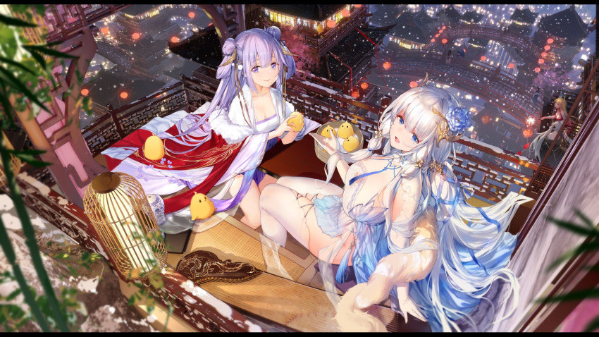 4girls alternate_costume architecture azur_lane blonde_hair blue_eyes blue_flower bridge commentary_request double_bun east_asian_architecture flower formidable_(azur_lane) from_above gloves grey_hair hair_bun hair_flower hair_ornament half_gloves highres illustrious_(azur_lane) laurel_crown long_hair looking_at_viewer looking_up manjuu_(azur_lane) multiple_girls purple_eyes purple_hair sitting swd3e2 thighhighs twintails unicorn_(azur_lane) very_long_hair victorious_(azur_lane) white_gloves white_hair white_thighhighs