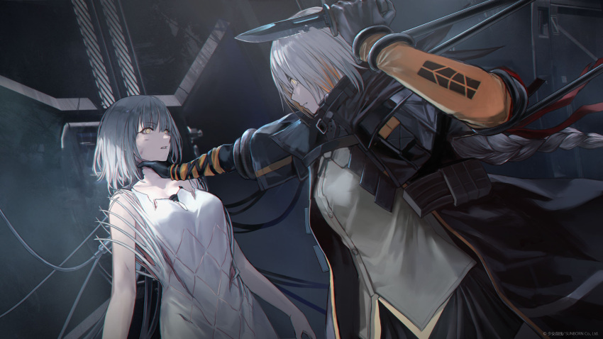 2girls absurdres braid braided_ponytail breasts commentary_request girls'_frontline highres knife long_hair m16a1_(boss)_(girls'_frontline) m16a1_(girls'_frontline) magazine_(weapon) medium_breasts multicolored_hair multiple_girls official_art paradeus parted_lips rpk-16_(boss)_(girls'_frontline) rpk-16_(girls'_frontline) sangvis_ferri short_hair spoilers strangling streaked_hair very_long_hair yellow_eyes