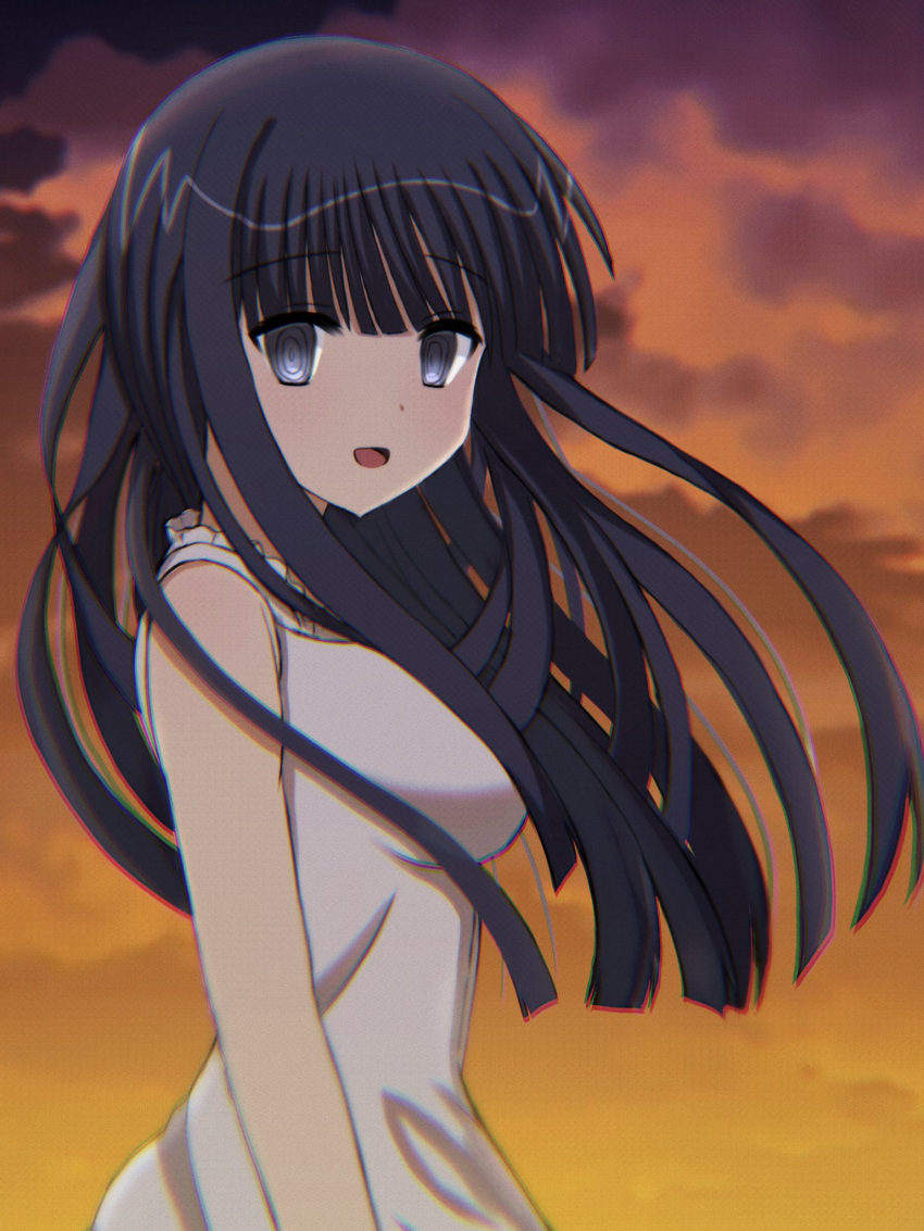 1girl :d @_@ arm_at_side black_eyes black_hair blunt_bangs blunt_ends breasts commentary crazy_eyes dress floating_hair from_side highres large_breasts long_hair looking_at_viewer mahigu_re open_mouth orange_sky outdoors sky smile solo straight_hair subarashiki_hibi sundress sunset takashima_zakuro upper_body white_dress