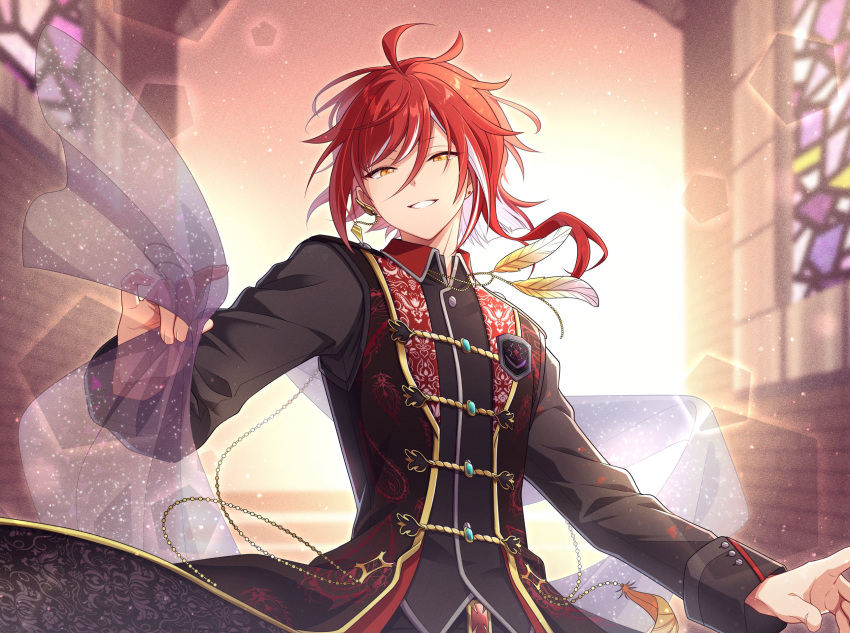 1boy black_jacket ensemble_stars! feathers highres jacket long_sleeves male_focus multicolored_hair orange_eyes red_hair red_vest sakasaki_natsume short_hair_with_long_locks smile solo stained_glass sunlight take_no_ko teeth vest white_hair yellow_feathers