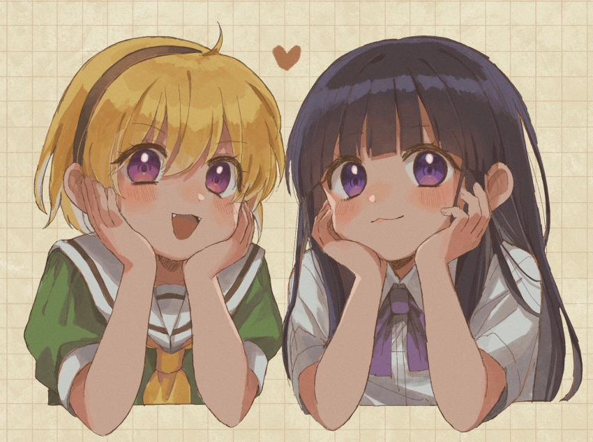 2girls blonde_hair blunt_ends bow bowtie closed_mouth commentary cropped_torso furude_rika green_shirt grid_background hairband hands_on_own_cheeks hands_on_own_face head_rest heart highres higurashi_no_naku_koro_ni houjou_satoko long_hair looking_at_viewer morisata multiple_girls neckerchief open_mouth pink_eyes puffy_short_sleeves puffy_sleeves purple_bow purple_bowtie purple_eyes purple_hair sailor_collar shirt short_hair short_sleeves smile symbol-only_commentary white_sailor_collar white_shirt yellow_neckerchief