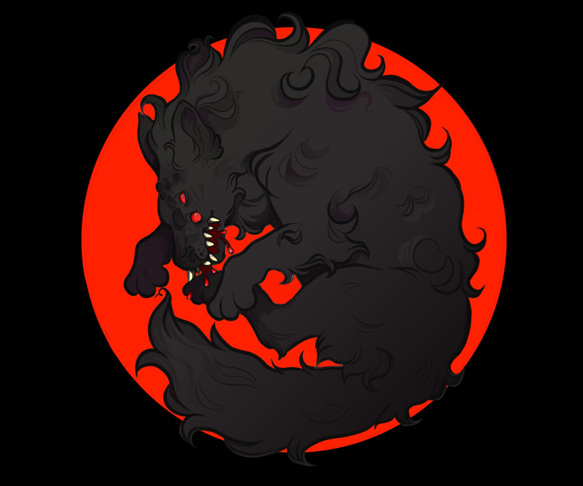 2023 4_eyes 4_legs black_background black_nose blood blood_in_mouth blood_on_mouth bodily_fluids canid canine circle_background colored eldritch_abomination female feral floating fluffy fluffy_tail fur grey_body grey_fur hi_res kkozlarska mammal moonless multi_eye paws red_background red_eyes sharp_teeth simple_background solo tail teeth