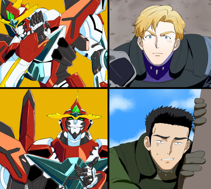 3boys anime_coloring ao_isami black_hair blonde_hair bodysuit bravern constricted_pupils drakeposting_(meme) facial_hair fle0423 gloves highres index_finger_raised lewis_smith light_blush looking_up male_focus mecha medium_sideburns meme multiple_boys no_(gesture) peeking_out robot scared sideburns_stubble split_screen stubble super_robot sweatdrop thick_eyebrows turn_pale upper_body v-shaped_eyebrows yes_(gesture) yuuki_bakuhatsu_bang_bravern