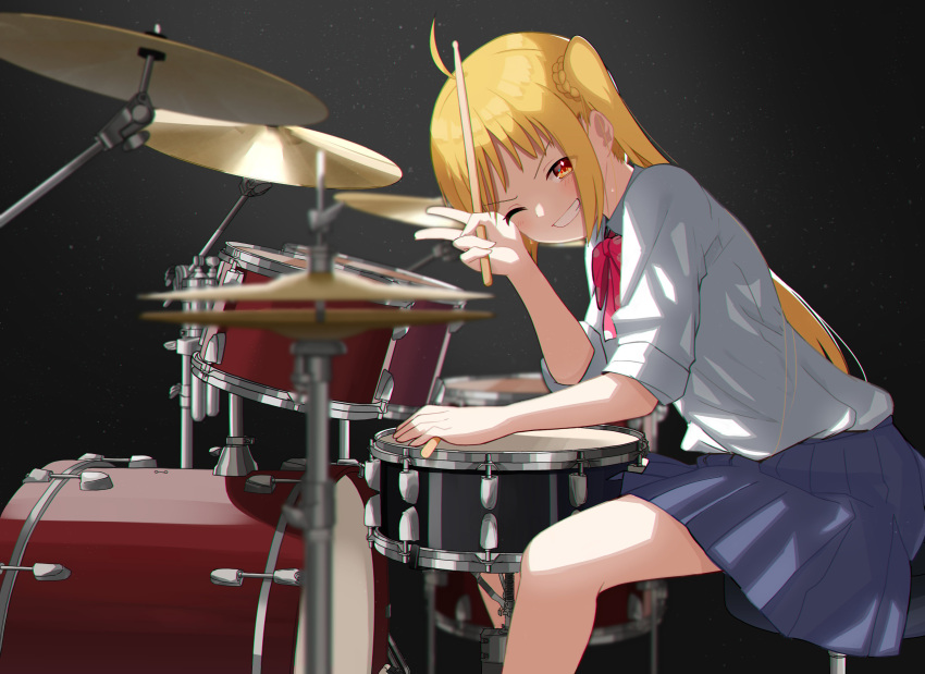 1girl absurdres ahoge blonde_hair blue_skirt blush bocchi_the_rock! bow brown_eyes collared_shirt cymbals drum drum_set drumsticks highres holding holding_drumsticks ijichi_nijika instant_(ioarthus) instrument light_particles long_hair looking_at_viewer one_eye_closed pleated_skirt red_bow shirt side_ponytail sitting skirt smile solo v white_shirt