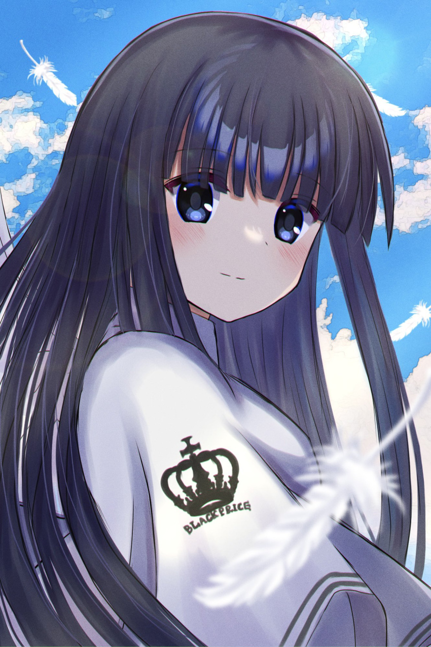 1girl black_hair blue_eyes blue_sky blunt_bangs blurry blush capelet crown_print day depth_of_field eyes_visible_through_hair falling_feathers feathers from_side highres lens_flare light_smile long_hair looking_at_viewer mahigu_re outdoors school_uniform simple_background sky solo split_mouth straight_hair subarashiki_hibi takashima_zakuro upper_body white_capelet white_feathers
