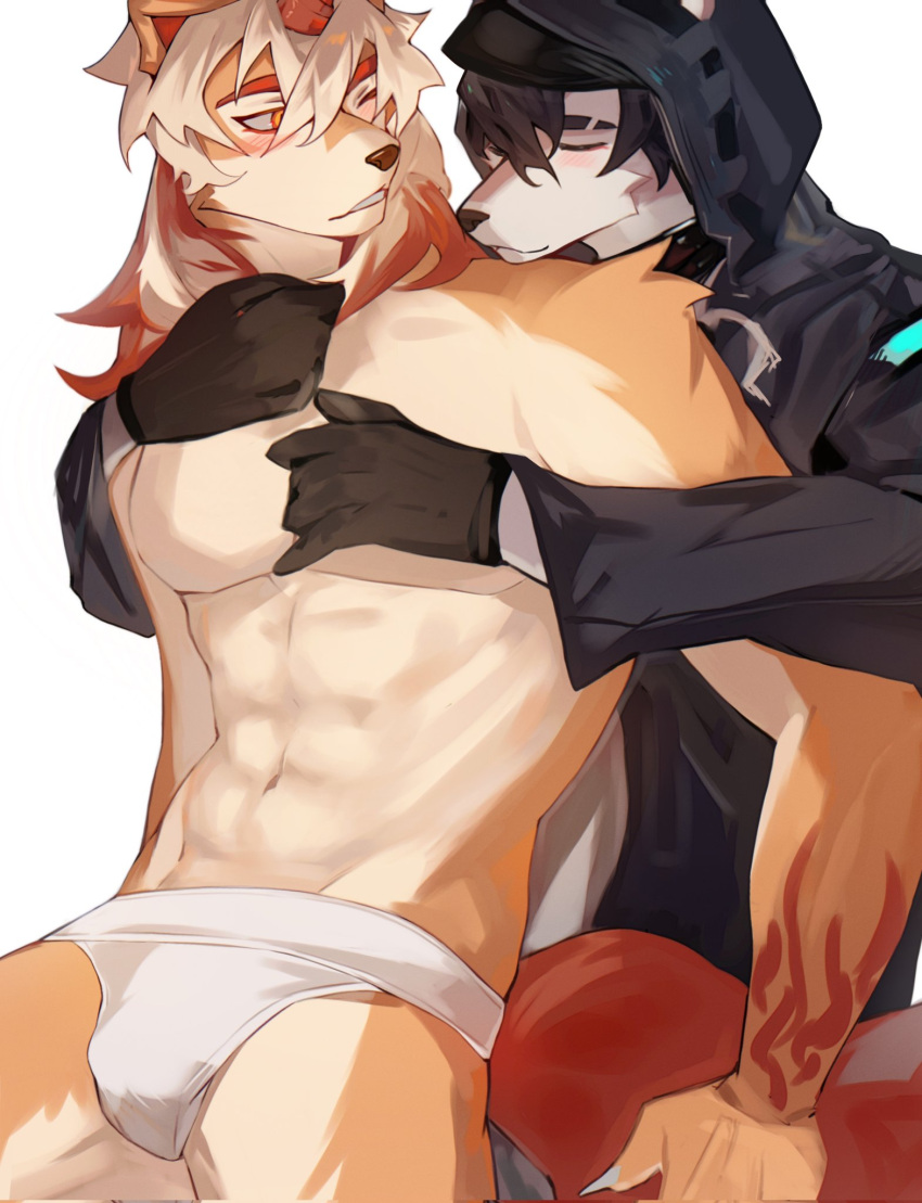 2boys abs animal_ears arm_tattoo artist_self-insert axianorange black_gloves blush chinese_commentary claws closed_eyes colored_tips commentary_request doctor_(arknights) ears_through_hood furry furry_male gloves highres hood hood_up hooded_coat horns hug hug_from_behind hung_(arknights) komainu_boy komainu_ears komainu_tail looking_at_another male_doctor_(arknights) male_focus male_underwear multicolored_hair multiple_boys original pectorals single_horn tattoo toned toned_male topless_male underwear white_background white_male_underwear wolf_boy wolf_ears yellow_eyes