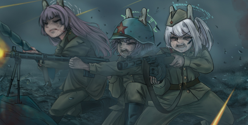 3girls animal_ears battlefield belt black_footwear blue_archive boots buttons dirty fake_animal_ears firing garrison_cap green_jacket green_pants gun hat helmet highres jacket long_hair machine_gun military_uniform miyako_(blue_archive) miyu_(blue_archive) multiple_girls muzzle_flash open_mouth pants ppsh-41 projectile_trail purple_hair rabbit_ears red_star saki_(blue_archive) shell_casing shouting soviet soviet_army star_(symbol) submachine_gun teeth uniform weapon white_hair world_war_ii wuyuu