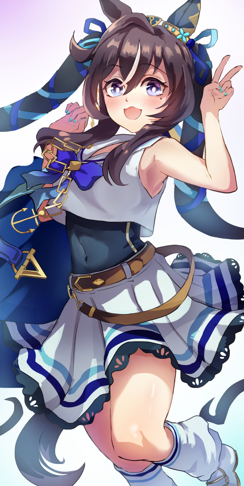 1girl :3 absurdres animal_ears belt blue_ribbon blush brown_belt brown_hair covered_navel crop_top ear_covers earrings feet_out_of_frame hair_between_eyes hair_ribbon highres horse_ears horse_girl horse_tail jewelry leg_up long_hair looking_at_viewer loose_socks midriff mole mole_under_eye multicolored_hair nikotomiko025 open_mouth purple_eyes ribbon sailor_collar sailor_shirt shirt single_ear_cover single_earring skirt sleeveless sleeveless_shirt socks solo streaked_hair tail twintails umamusume v vivlos_(umamusume) white_footwear white_headwear white_shirt white_skirt white_socks