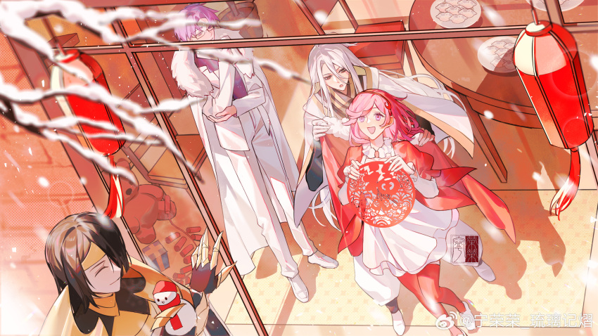 1girl 3boys artist_request blue_hair branch brown_hair chair character_request chinese_new_year douluo_dalu dress dumpling food hairband highres long_hair looking_up multiple_boys ning_rongrong_(douluo_dalu) pink_hair plate red_thighhighs second-party_source short_hair snow table thighhighs white_dress white_hair
