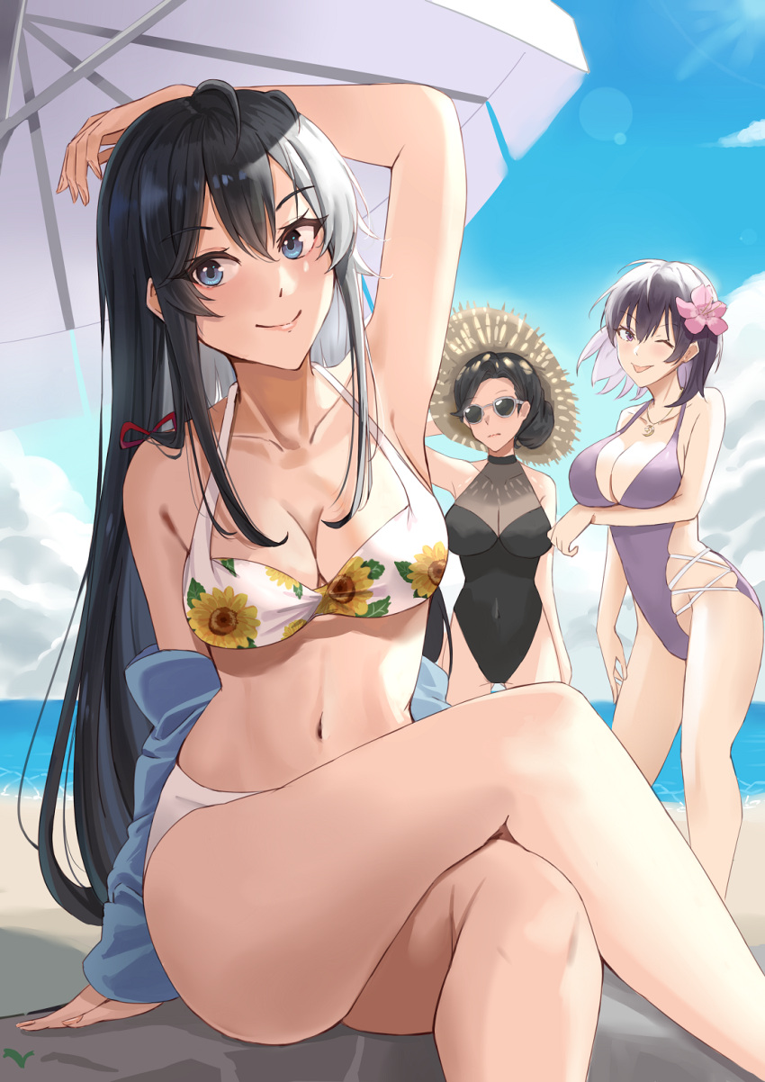 3girls ahoge arm_under_breasts arm_up armpits beach beach_umbrella bikini black_hair black_one-piece_swimsuit blue_eyes blue_jacket breasts cleavage closed_mouth collarbone crossed_legs floral_print flower hair_bun hair_flower hair_ornament hair_ribbon hat highleg highleg_swimsuit highres jacket large_breasts long_hair looking_at_viewer medium_breasts multiple_girls navel ocean off_shoulder one-piece_swimsuit outdoors purple_one-piece_swimsuit red_ribbon revealing_clothes ribbon sand short_hair sitting sky smodzz998 standing straw_hat sunglasses swimsuit thighs umbrella very_long_hair white_bikini yahari_ore_no_seishun_lovecome_wa_machigatteiru. yukinoshita_haruno yukinoshita_yukino yukinoshita_yukino's_mother