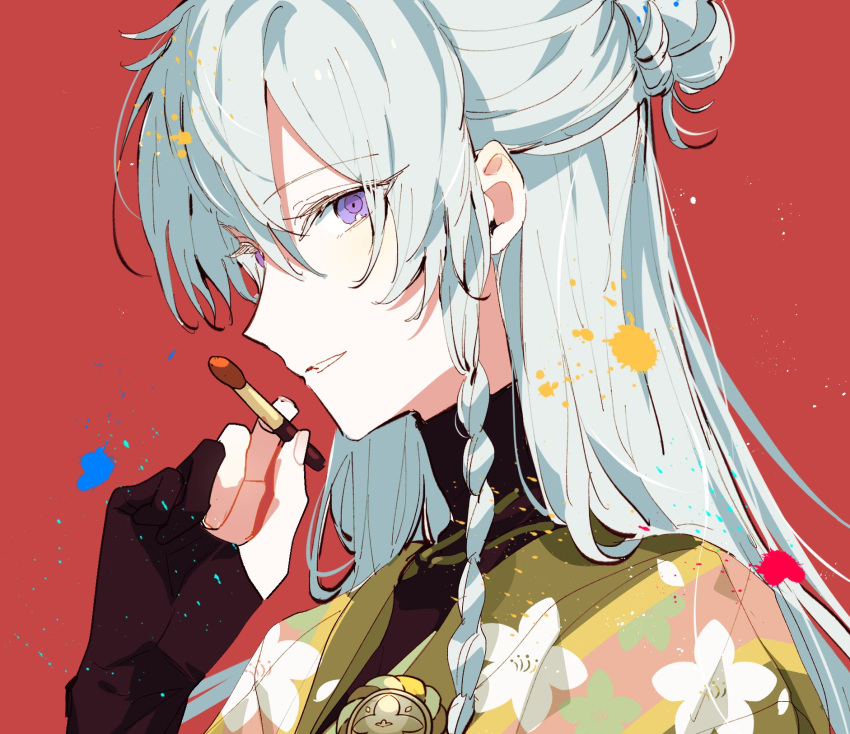 1boy black_shirt braid colored_eyelashes eichi_turnr ensemble_stars! facing_to_the_side green_jacket hair_bun half_updo hibiki_wataru highres holding holding_paintbrush jacket long_hair looking_at_viewer male_focus paintbrush purple_eyes red_background shirt smile solo teeth turtleneck white_hair