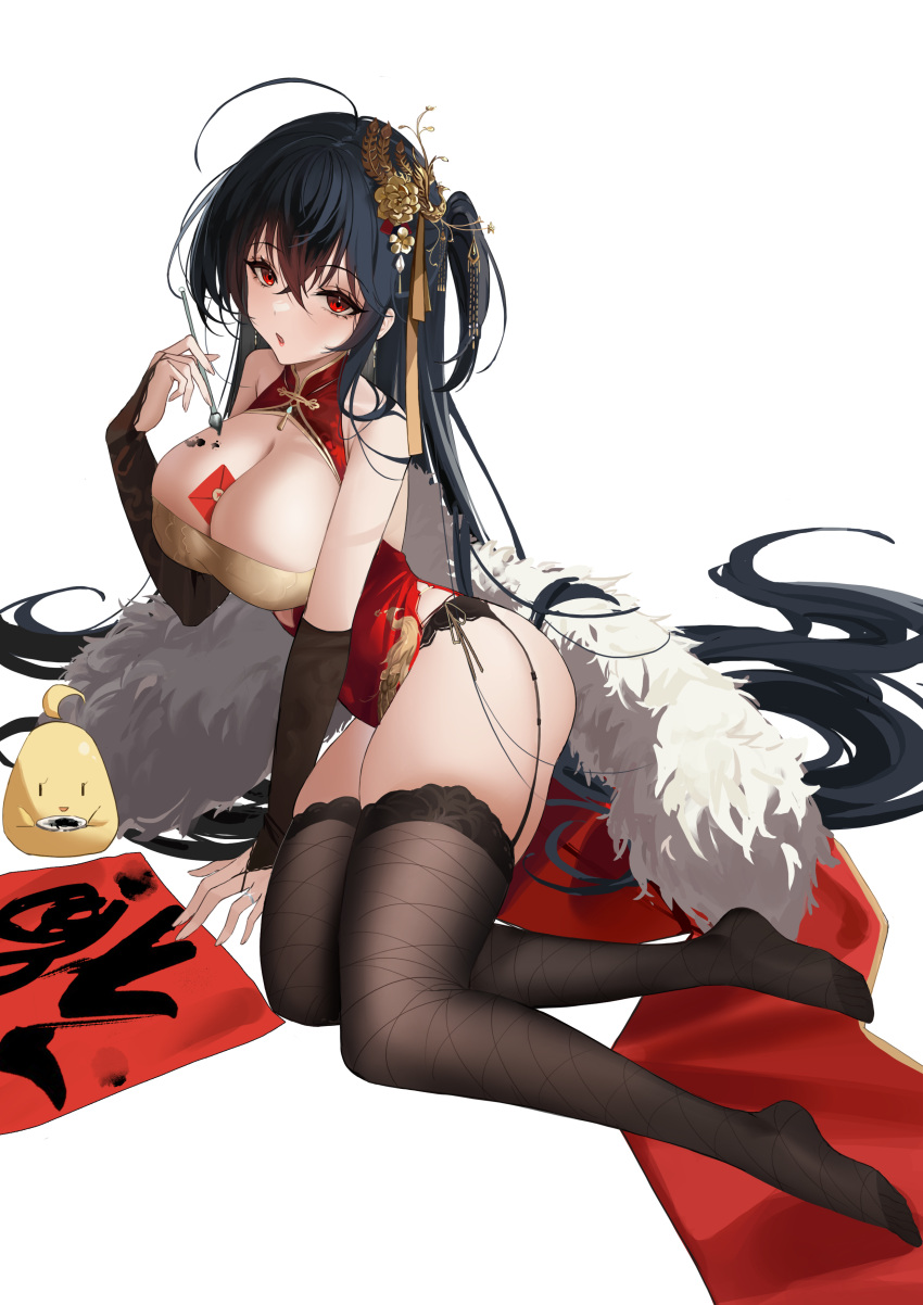 1girl absurdres ahoge awwwwys azur_lane bare_shoulders between_breasts black_hair breasts bridal_gauntlets calligraphy calligraphy_brush china_dress chinese_clothes chinese_new_year cleavage cleavage_cutout clothing_cutout crossed_bangs dress fishnets garter_belt hair_ornament highres holding holding_brush holding_calligraphy_brush hongbao huge_breasts ink lace-trimmed_thighhighs large_breasts long_hair manjuu_(azur_lane) no_shoes official_alternate_costume one_side_up paintbrush pelvic_curtain red_dress sleeveless sleeveless_dress taihou_(azur_lane) taihou_(phoenix's_spring_song)_(azur_lane) white_background