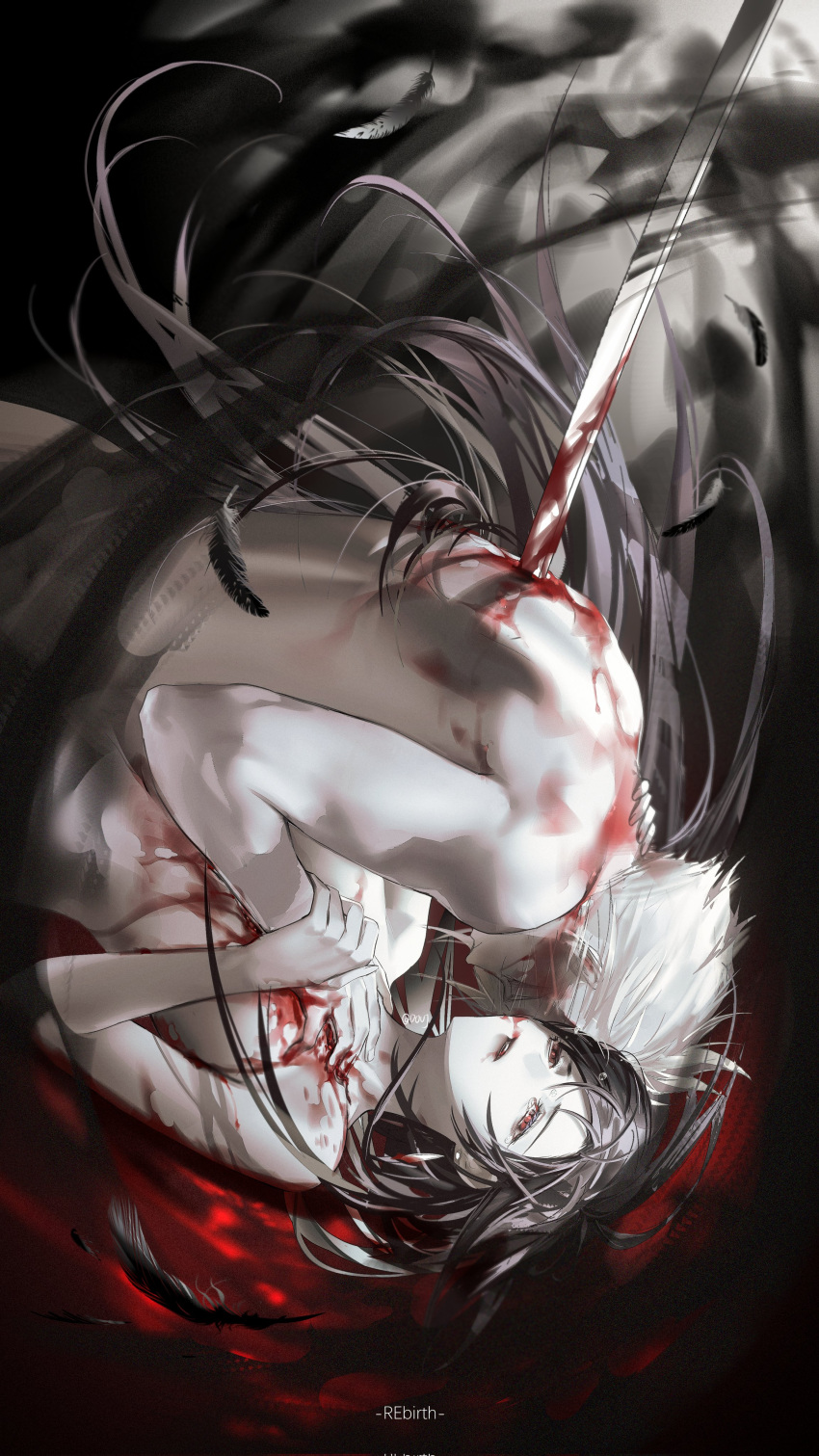 1boy 1girl absurdres bare_shoulders black_feathers black_hair black_lips bleeding blonde_hair blood blood_on_back blood_on_chest blood_on_face blood_on_mouth breasts closed_eyes cloud_strife commentary crisis_core_final_fantasy_vii cuts deep_wound duoj_ji earrings english_commentary eyelashes feathers final_fantasy final_fantasy_vii final_fantasy_vii_rebirth final_fantasy_vii_remake glint hand_on_another's_chest hand_on_another's_shoulder highres impaled injury jewelry large_breasts long_hair masamune_(ff7) nude parted_lips red_eyes short_hair single_earring spiked_hair stab sword teardrop teardrop_earrings tears tifa_lockhart twitter_username upside-down weapon