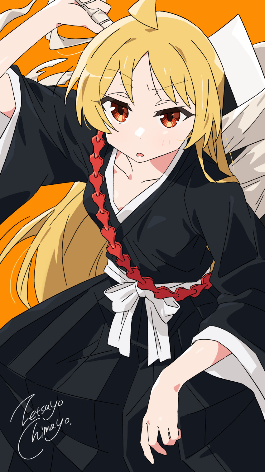 1girl absurdres ahoge alternate_costume artist_name blonde_hair blush bocchi_the_rock! clothing_request collarbone highres ijichi_seika long_hair long_sleeves looking_at_viewer open_mouth orange_background red_eyes signature simple_background solo wide_sleeves zetsuyo_chimayo