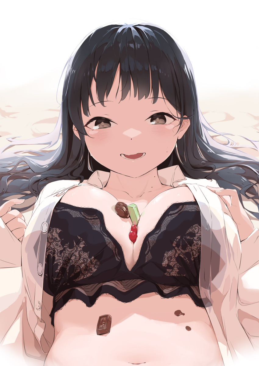 1girl absurdres black_bra black_hair boku_no_kokoro_no_yabai_yatsu bra breasts breasts_squeezed_together brown_eyes chocolate cleavage collarbone collared_shirt highres lace lace_bra large_breasts long_hair looking_at_viewer lying navel on_back open_mouth painnico shirt solo underwear upper_body white_shirt yamada_anna