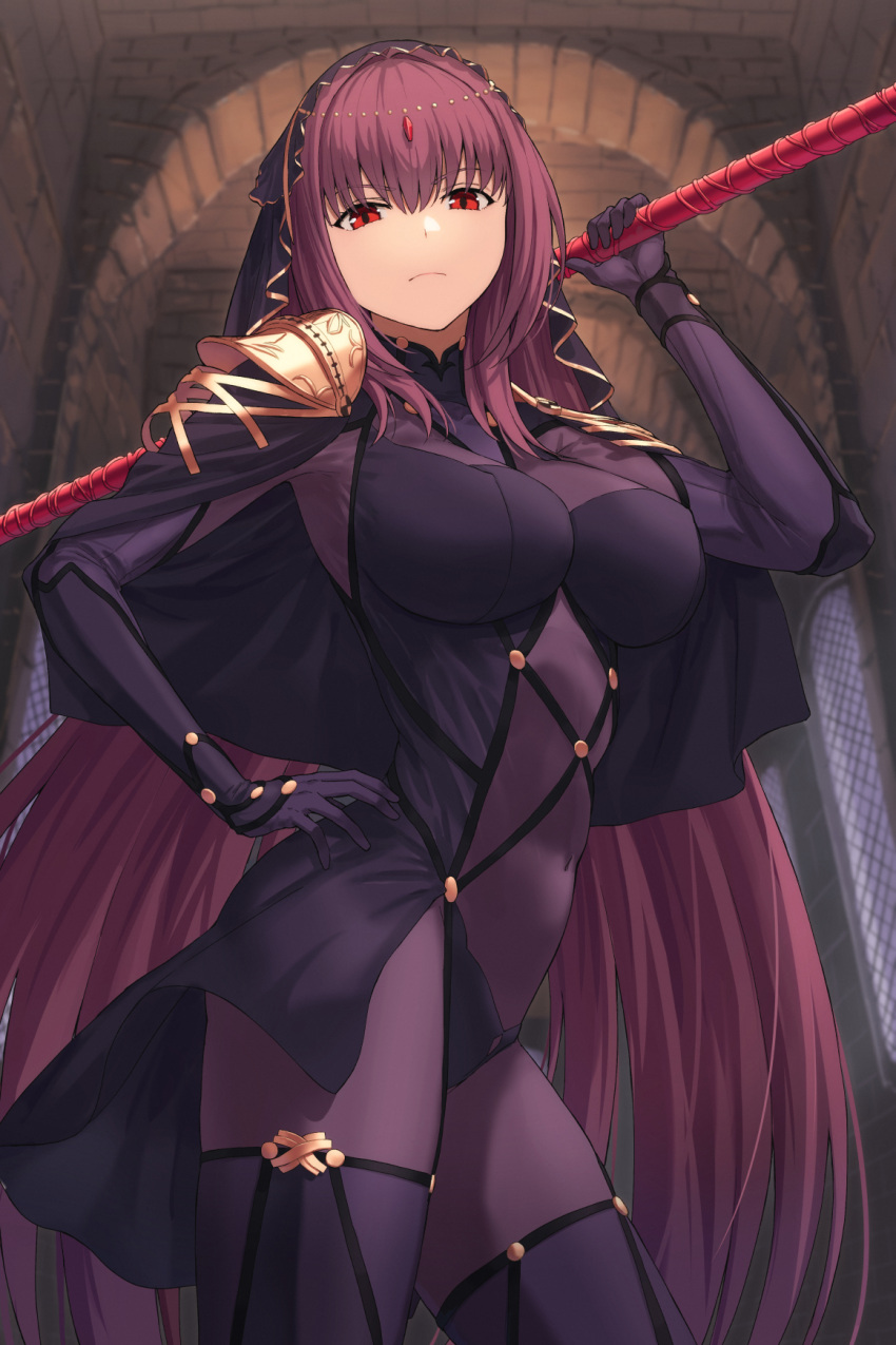 1girl armor bodysuit breasts capelet covered_navel fate/grand_order fate_(series) gae_bolg_(fate) hair_between_eyes highres kamo_ashi large_breasts long_hair looking_at_viewer pauldrons polearm purple_bodysuit purple_capelet purple_hair red_eyes scathach_(fate) shoulder_armor solo spear thighs veil weapon