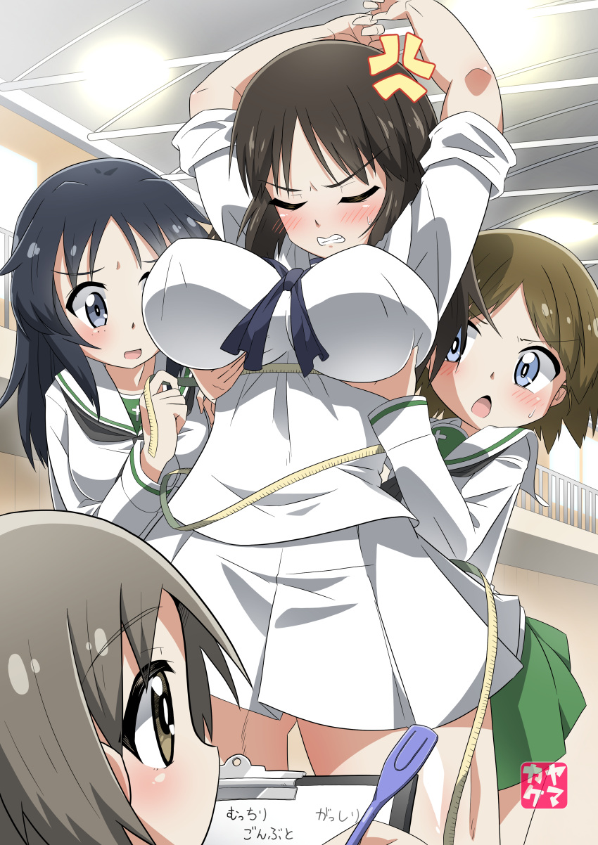 4girls absurdres anger_vein ascot black_hair blue_ascot blue_eyes blush breasts brown_eyes brown_hair clipboard closed_eyes girls_und_panzer green_skirt grey_hair hand_on_another's_chest highres holding holding_clipboard holding_ruler indoors large_breasts long_hair long_sleeves looking_at_another looking_at_breasts maruyama_saki medium_hair multiple_girls murakami_(girls_und_panzer) ooarai_naval_school_uniform ooarai_school_uniform open_mouth pen sakaguchi_karina school_uniform shirt short_hair skirt sleeves_rolled_up white_shirt white_skirt yamagou_ayumi yamakake_(tororo1293)