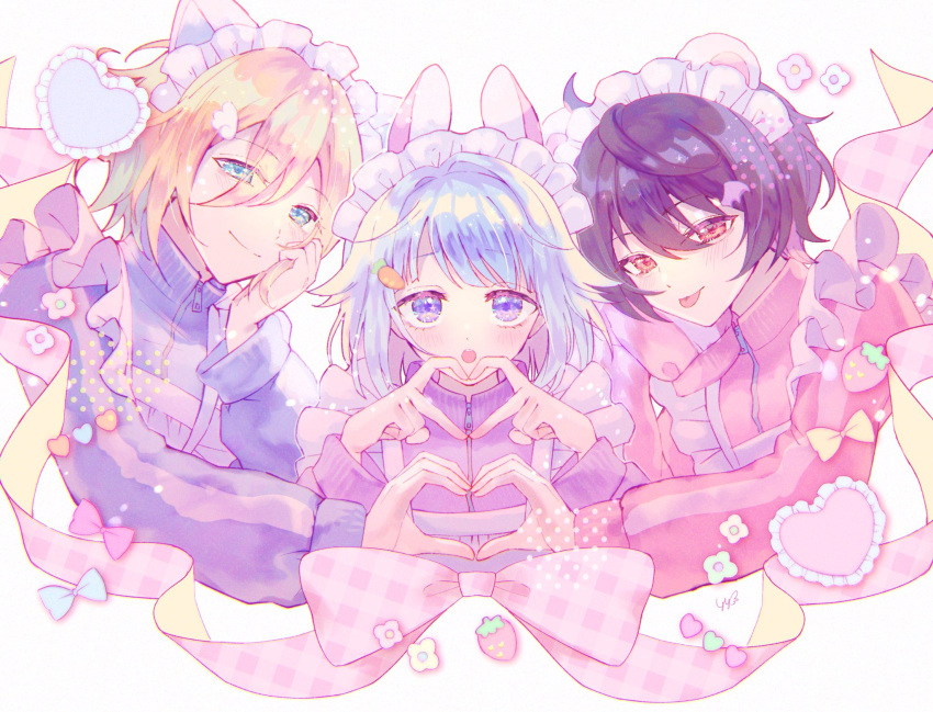 3boys androgynous animal_ears apron bear_ears black_hair blonde_hair blue_eyes blue_hair blue_jacket cat_ears ensemble_stars! fake_animal_ears head_rest highres jacket maid_apron maid_headdress male_focus multiple_boys pink_jacket pipipi_oxu purple_eyes purple_jacket rabbit_ears red_eyes sakuma_ritsu shino_hajime tenshouin_eichi white_apron