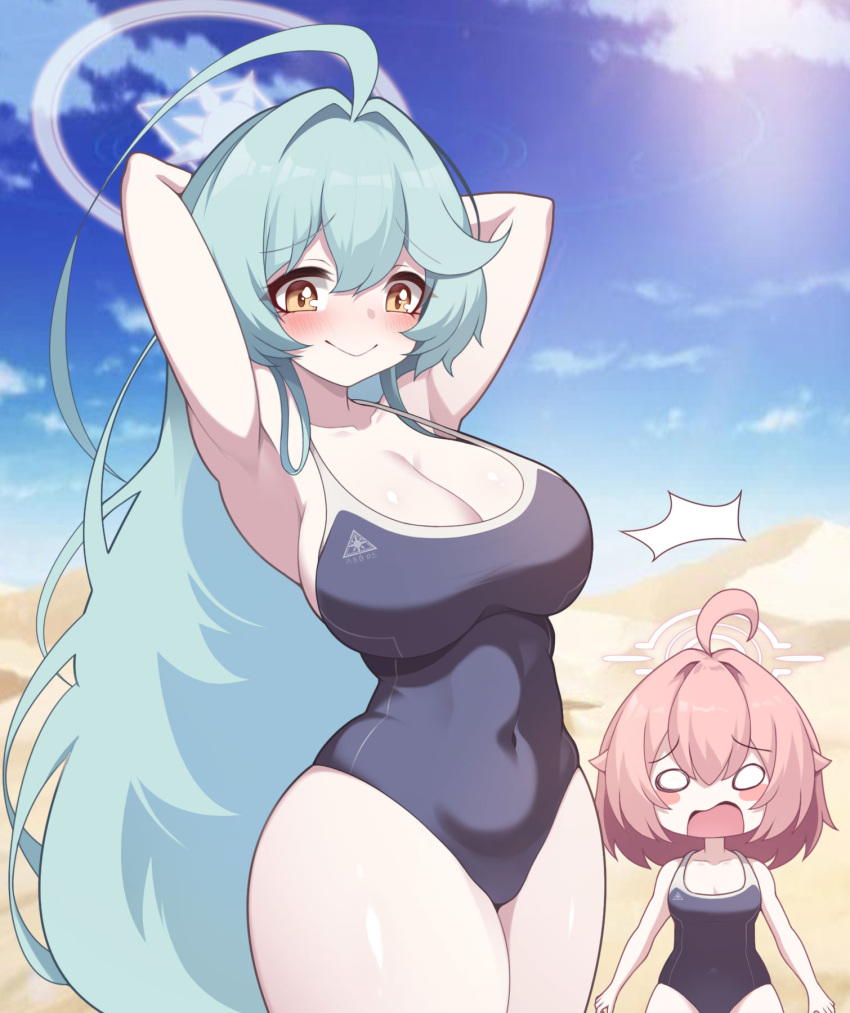 2girls abydos_high_school_swimsuit ahoge armpits arms_behind_head bare_arms bare_legs bare_shoulders black_one-piece_swimsuit blue_archive blush breasts cleavage closed_mouth day desert fuyu_no_usagi green_hair hair_between_eyes halo highres hoshino_(blue_archive) hoshino_(young)_(blue_archive) huge_ahoge huge_breasts long_hair multiple_girls one-piece_swimsuit open_mouth outdoors pink_hair pink_halo school_swimsuit short_hair small_breasts swimsuit yellow_eyes yume_(blue_archive)