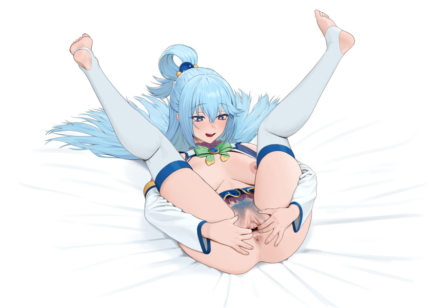 1girl anus aqua_(konosuba) ass blue_eyes blue_hair blue_pubic_hair blush bow breasts carlo_montie clitoris colored_pubic_hair commission detached_sleeves female_pubic_hair folded hair_between_eyes hair_ornament hair_rings highres kono_subarashii_sekai_ni_shukufuku_wo! large_breasts long_hair nipples ohisashiburi_(style) open_mouth pubic_hair pussy shirt skirt solo spread_pussy thighhighs thighs uncensored urethra very_long_hair